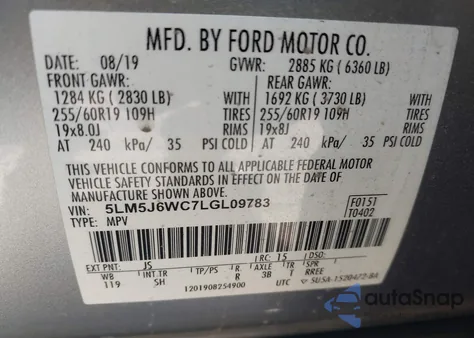 2020 Lincoln Aviator Standard from USA, damaged, VIN 5LM5J6WC7LGL09783